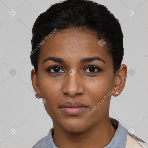 Neutral black young-adult female with short  black hair and brown eyes