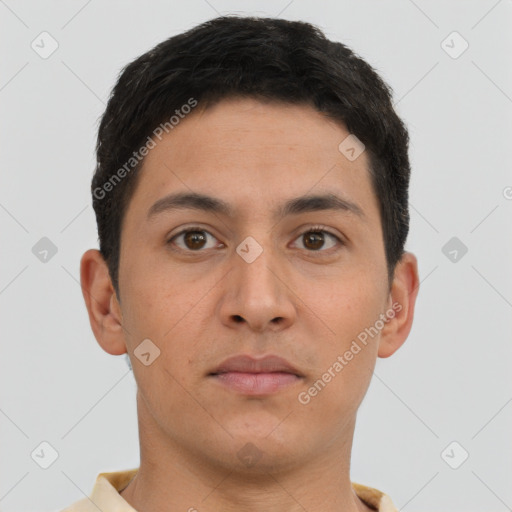 Neutral asian young-adult male with short  brown hair and brown eyes