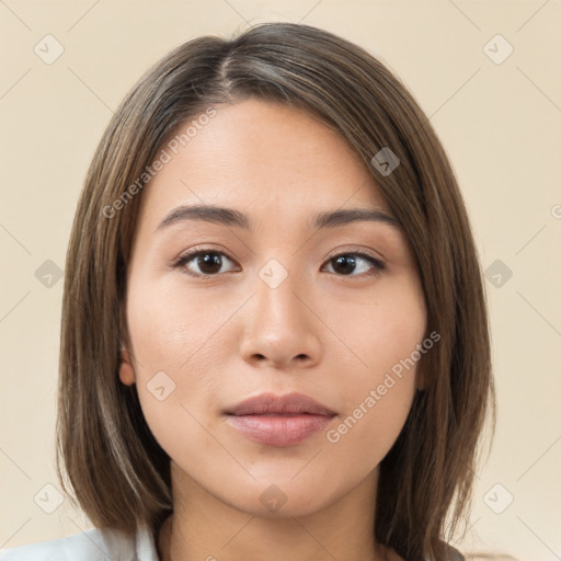 Neutral white young-adult female with medium  brown hair and brown eyes