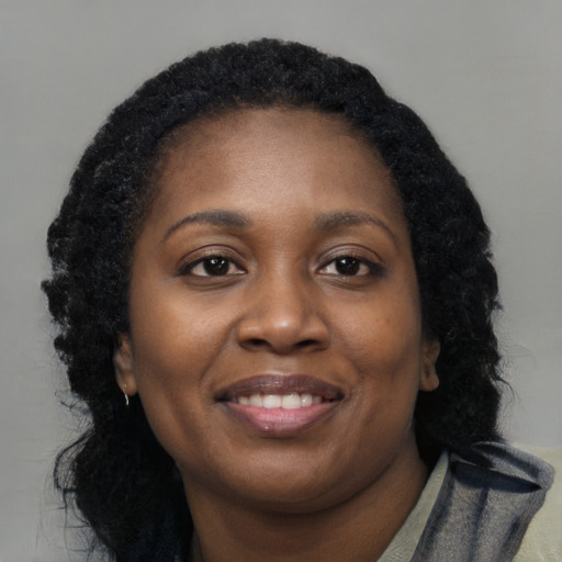 Joyful black young-adult female with long  black hair and brown eyes