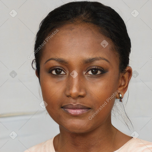 Neutral black young-adult female with short  brown hair and brown eyes