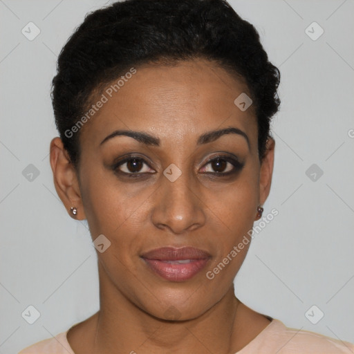 Joyful black young-adult female with short  black hair and brown eyes