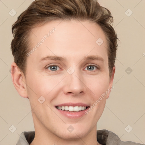 Joyful white young-adult female with short  brown hair and grey eyes