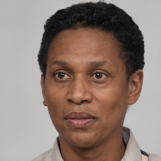 Joyful black adult male with short  black hair and brown eyes