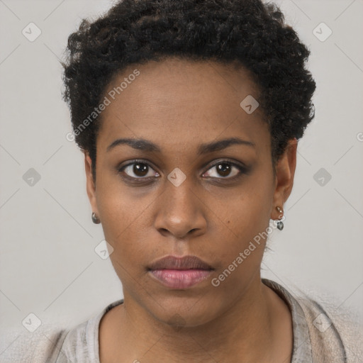 Neutral black young-adult female with short  black hair and brown eyes