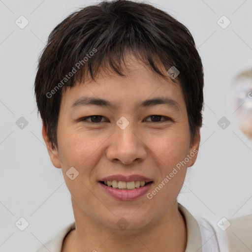 Joyful white young-adult female with short  brown hair and brown eyes