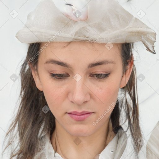 Neutral white young-adult female with medium  brown hair and brown eyes