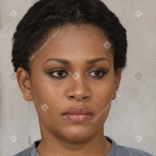 Neutral black young-adult female with short  black hair and brown eyes