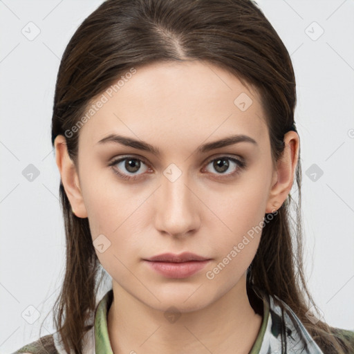 Neutral white young-adult female with medium  brown hair and brown eyes