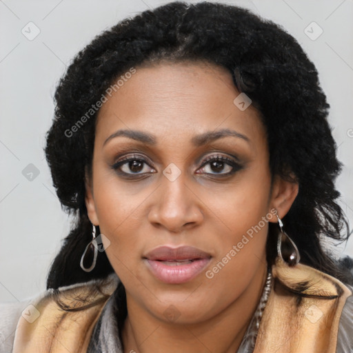 Joyful latino young-adult female with long  black hair and brown eyes