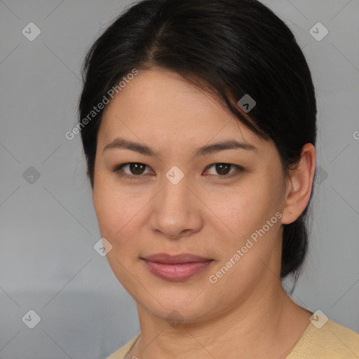 Joyful asian young-adult female with medium  brown hair and brown eyes