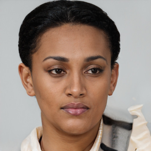 Joyful latino young-adult female with short  brown hair and brown eyes