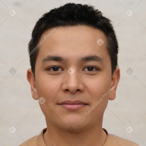 Joyful latino young-adult male with short  brown hair and brown eyes