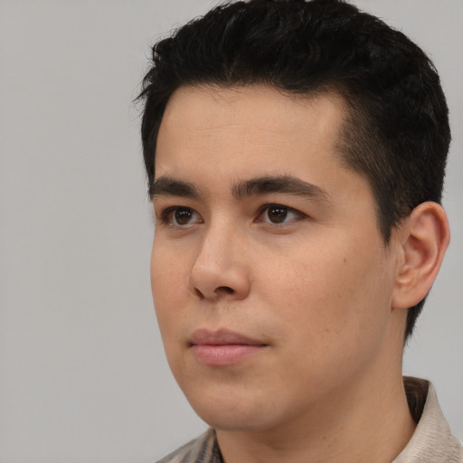 Neutral asian young-adult male with short  black hair and brown eyes