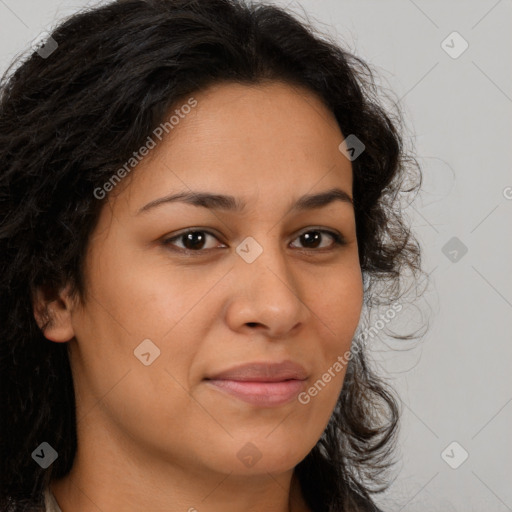 Joyful latino young-adult female with long  brown hair and brown eyes