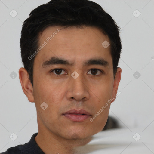 Neutral asian young-adult male with short  black hair and brown eyes