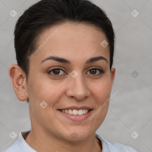 Joyful white young-adult female with short  brown hair and brown eyes