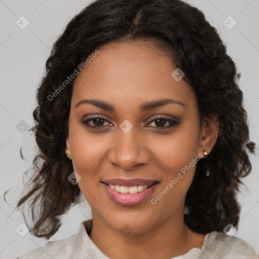 Joyful black young-adult female with medium  brown hair and brown eyes