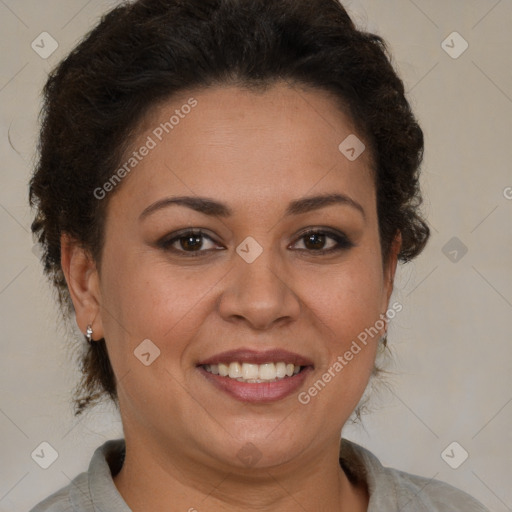 Joyful white adult female with short  brown hair and brown eyes