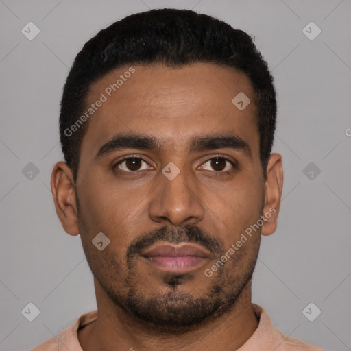 Neutral black young-adult male with short  black hair and brown eyes