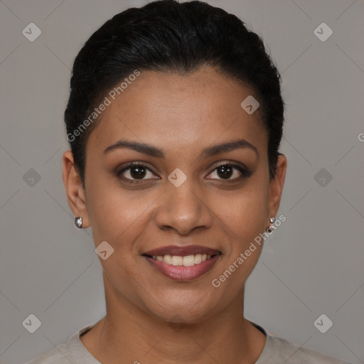 Joyful latino young-adult female with short  brown hair and brown eyes