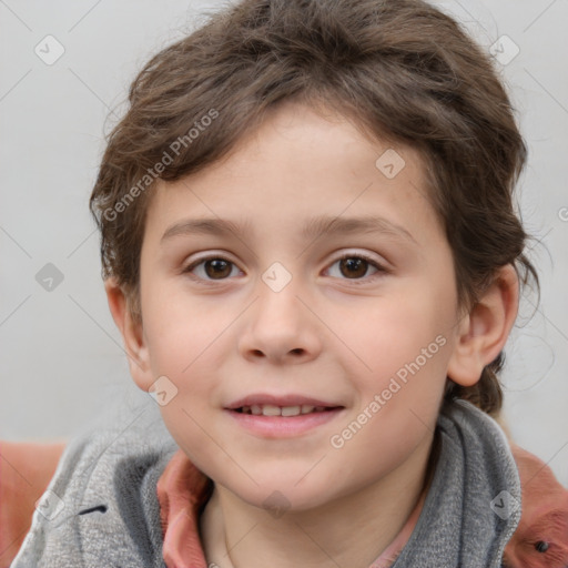 Joyful white child female with short  brown hair and brown eyes