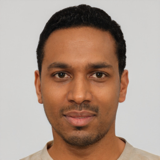 Neutral black young-adult male with short  black hair and brown eyes