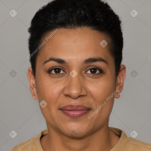 Joyful latino young-adult female with short  brown hair and brown eyes