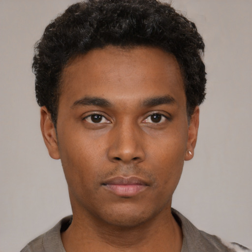 Neutral black young-adult male with short  black hair and brown eyes