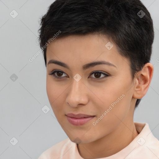 Joyful white young-adult female with short  brown hair and brown eyes