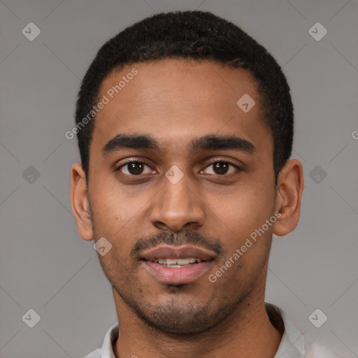 Neutral black young-adult male with short  black hair and brown eyes