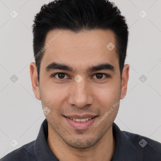 Joyful white young-adult male with short  black hair and brown eyes