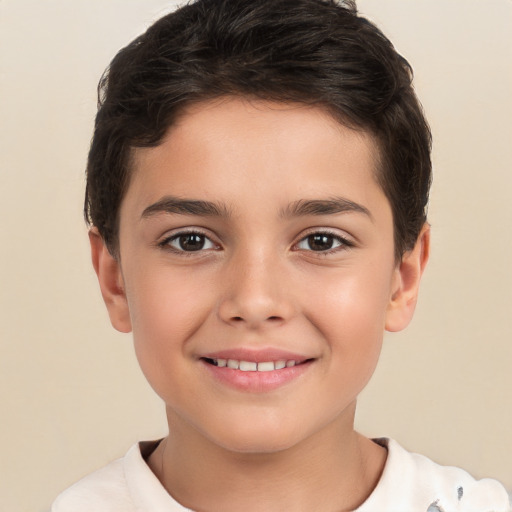 Joyful white child female with short  brown hair and brown eyes