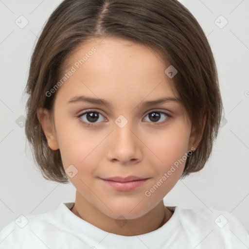 Joyful white child female with medium  brown hair and brown eyes