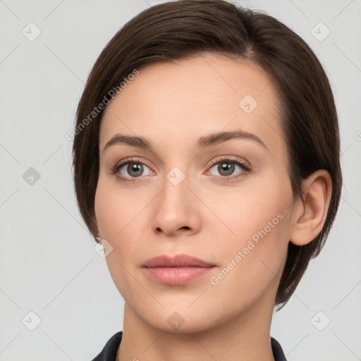 Neutral white young-adult female with medium  brown hair and brown eyes