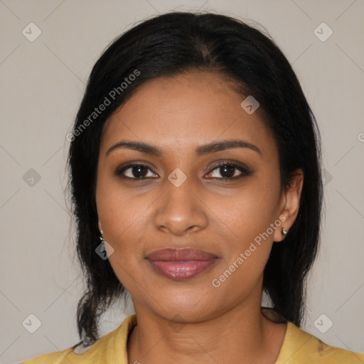 Joyful black young-adult female with medium  black hair and brown eyes
