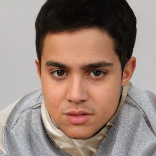 Neutral white young-adult male with short  brown hair and brown eyes