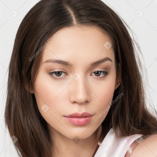 Neutral white young-adult female with long  brown hair and brown eyes