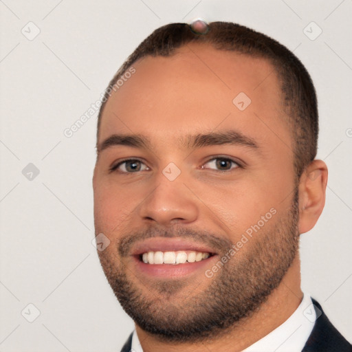 Joyful white young-adult male with short  brown hair and brown eyes