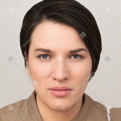 Neutral white young-adult female with short  brown hair and brown eyes