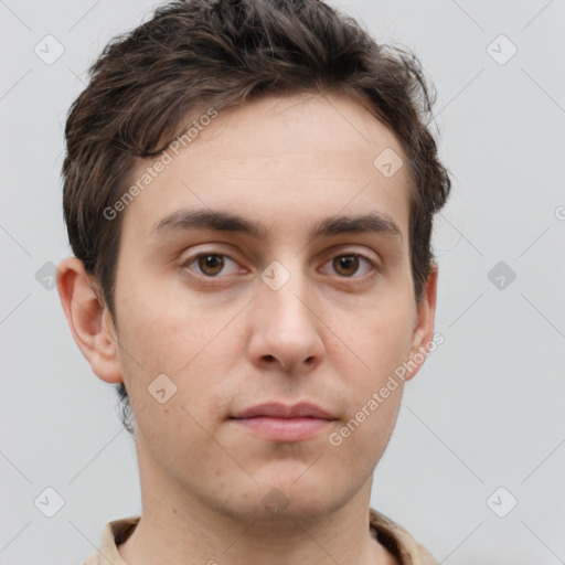 Neutral white young-adult male with short  brown hair and grey eyes