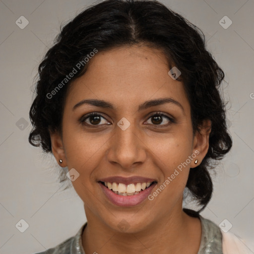 Joyful latino young-adult female with medium  brown hair and brown eyes