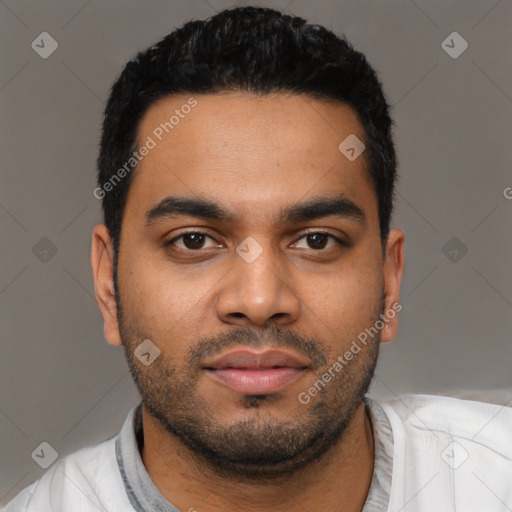 Neutral latino young-adult male with short  black hair and brown eyes