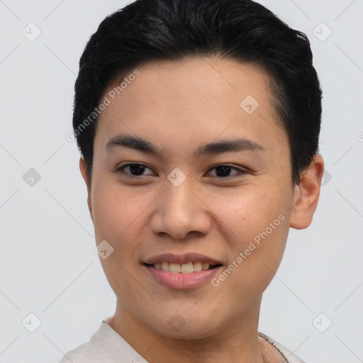 Joyful asian young-adult female with short  brown hair and brown eyes