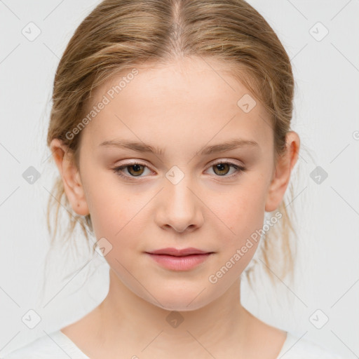 Joyful white child female with medium  brown hair and grey eyes