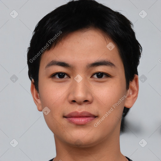 Neutral asian young-adult female with short  black hair and brown eyes