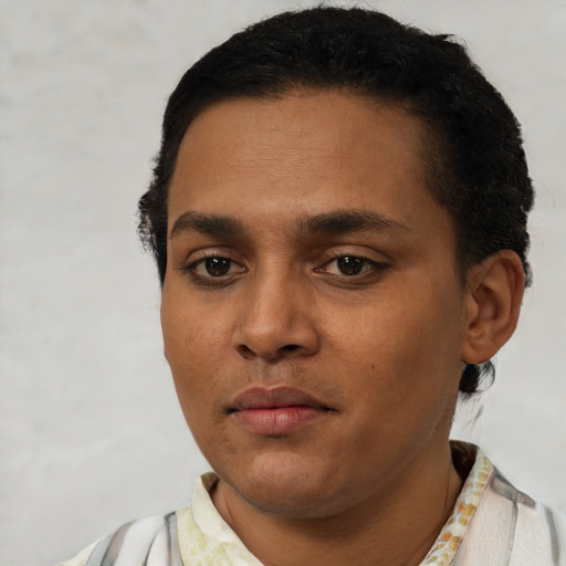 Neutral latino young-adult male with short  black hair and brown eyes