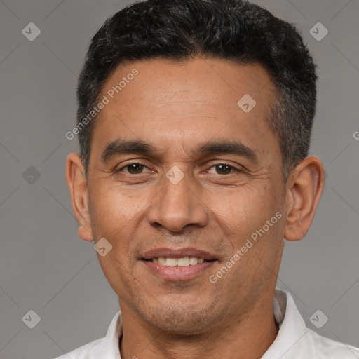 Joyful latino adult male with short  brown hair and brown eyes