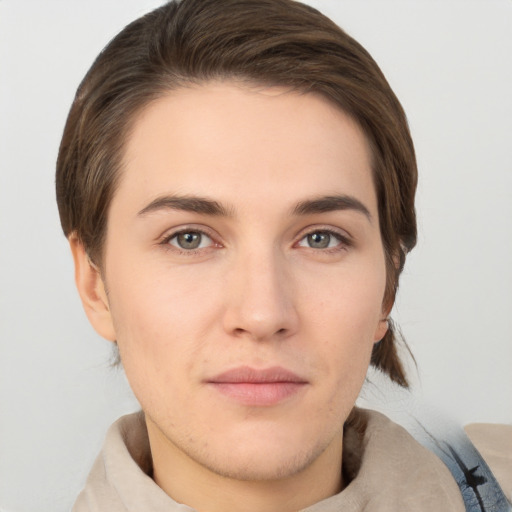 Neutral white young-adult female with short  brown hair and brown eyes