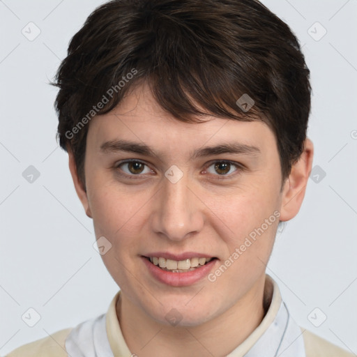 Joyful white young-adult female with short  brown hair and brown eyes